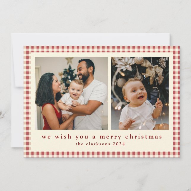 Modern Plaid Greenery Photo Merry Christmas Holiday Card (Front)
