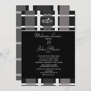 Modern Plaid Grey Black White Ring Logo Wedding Invitation