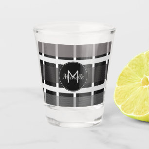 Modern Plaid Grey Monogram Custom Personalised Shot Glass