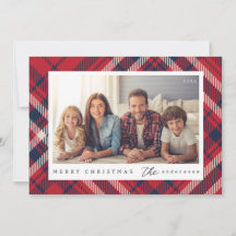 Modern Plaid Merry Christmas Custom Family Photo