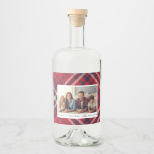 Modern Plaid Merry Christmas Custom Family Photo Liquor Bottle Label