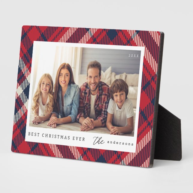 Modern Plaid Merry Christmas Custom Family Photo Plaque (Side)