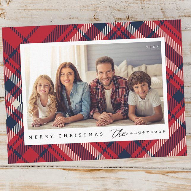 Modern Plaid Merry Christmas Custom Family Photo Postcard (Creator Uploaded)