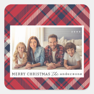 Modern Plaid Merry Christmas Custom Family Photo Square Sticker