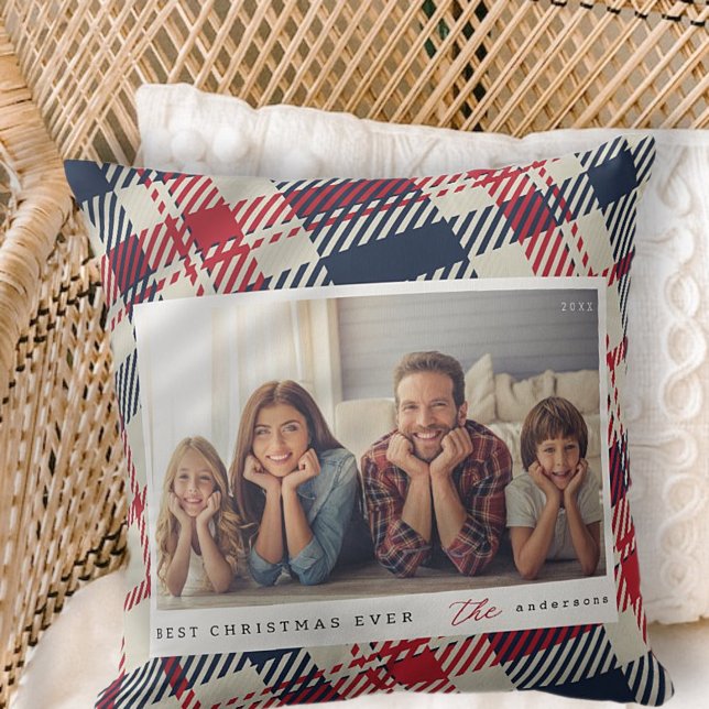 Modern Plaid Pattern Christmas Custom Family Photo Cushion (Creator Uploaded)