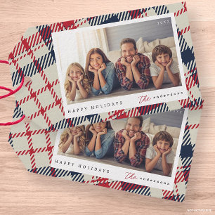 Modern Plaid Pattern Christmas Custom Family Photo Gift Tags