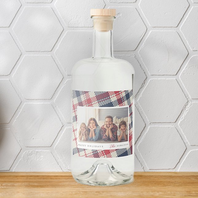 Modern Plaid Pattern Christmas Custom Family Photo Liquor Bottle Label (Creator Uploaded)