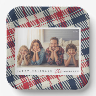 Modern Plaid Pattern Christmas Custom Family Photo Paper Plate