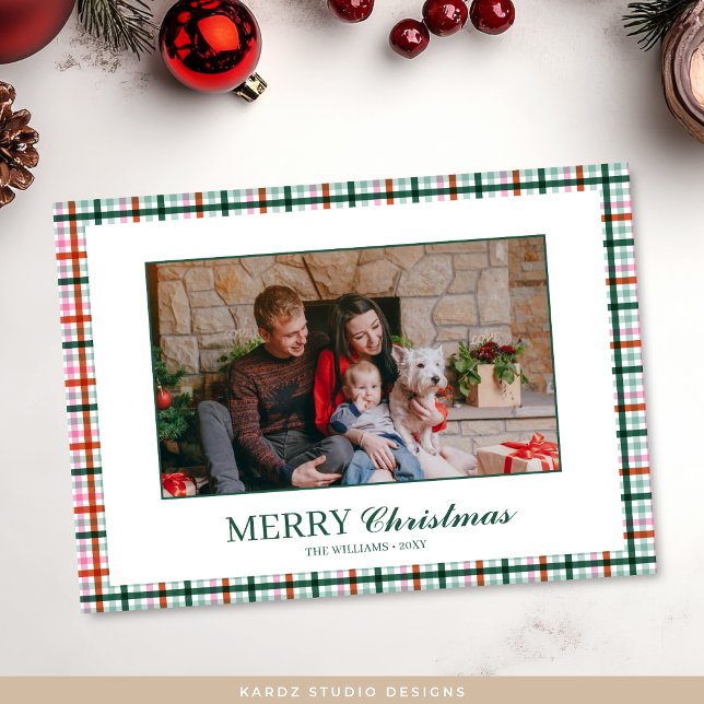Modern Plaid Photo Christmas Card (Front of card shown in 5 x 7 inches. Personalize and choose paper style.)