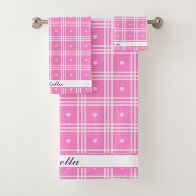 Modern Plaid Pink Heart Collection Bath Towel Set (Insitu)