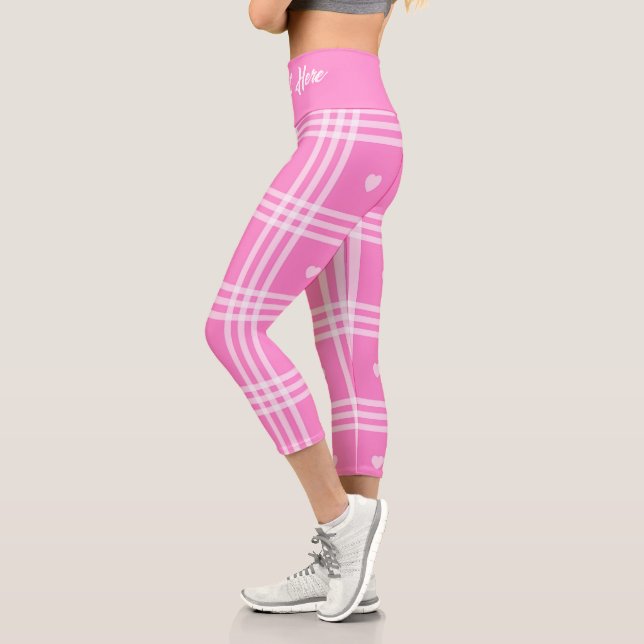 Modern Plaid Pink Heart Collection Capri Leggings (Left)