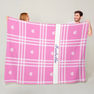 Modern Plaid Pink Heart Collection Fleece Blanket