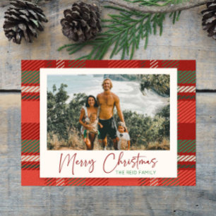 Modern Plaid Red Custom Family Photo Christmas Holiday Card
