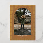 Modern Plaid Rust Terracotta Gold Foil Holiday Card<br><div class="desc">A classic plaid design with a modern twist. Gold foil stamped over a rust terracotta background. Edit year,  greeting,  family name,  favourite picture,  and an extra message on the back to tell your year in review,  but that you can delete.</div>