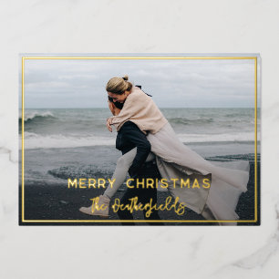 Modern Plaid Rustic Newlyweds Photo Gold Foil Holiday Card