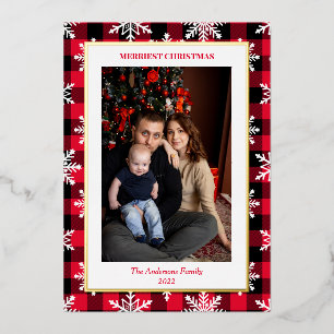 Modern Plaid Snowflake Border Christmas Photo Foil Holiday Card