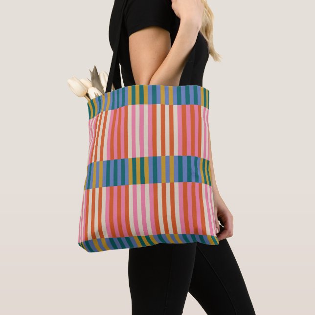 Modern Plaid Striped Orange, Pink, Blue, Green Tote Bag (Close Up)