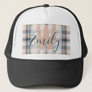 Modern Plaid Tartan Blue Cream Monogram Trucker Hat