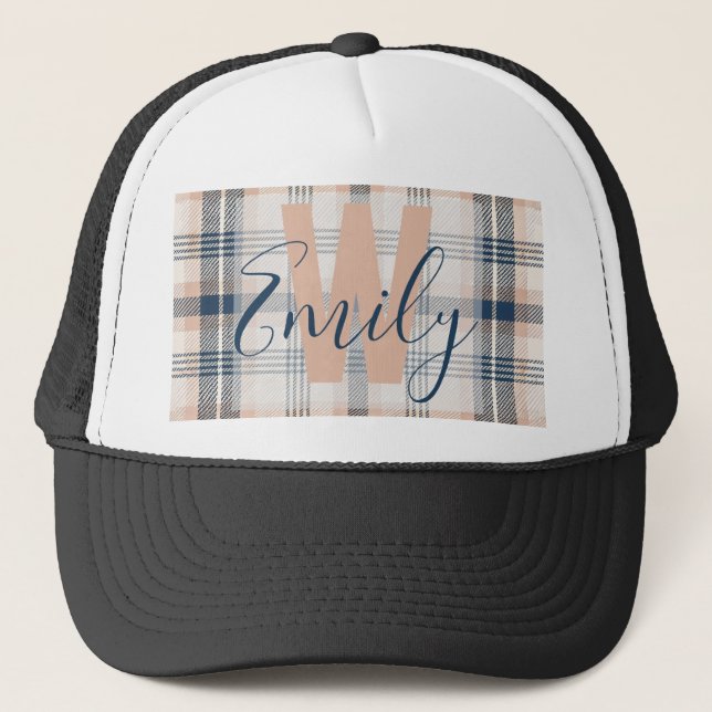 Modern Plaid Tartan Blue Cream Monogram Trucker Hat (Front)