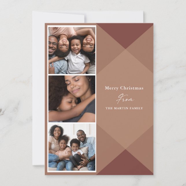 Modern Plaid Three Photo Calligraphy Holiday Card (Front)
