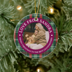 Modern Plaid Wreath Grandmother Photo Christmas Ceramic Tree Decoration