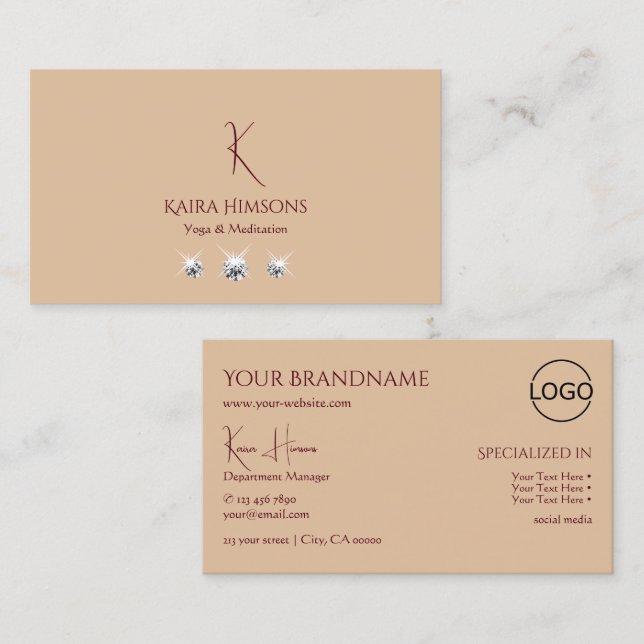Modern Plain Beige with Monogram Logo and Jewels Business Card (Front/Back)