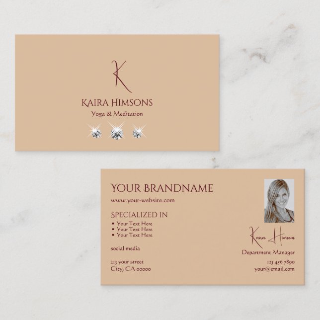 Modern Plain Beige with Monogram Photo and Jewels Business Card (Front/Back)