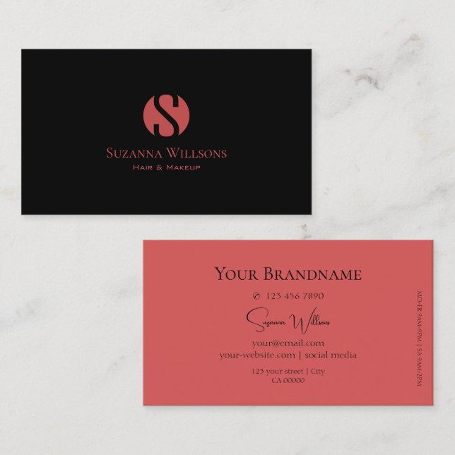 Modern Plain Black and Indian Red with Monogram Business Card (Front/Back)