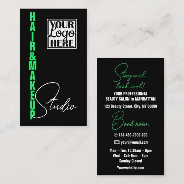 Modern Plain Black Green Text with Logo or Photo Business Card (Front/Back)