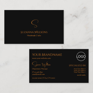 Modern Plain Black Orange with Monogram and Logo Business Card