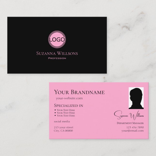 Modern Plain Black Pink with Logo and Photo Chic Business Card (Front/Back)