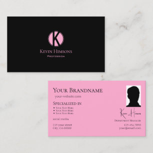 Modern Plain Black Pink with Monogram and Photo Business Card