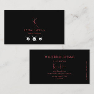 Modern Plain Black with Monogram and Diamonds Business Card