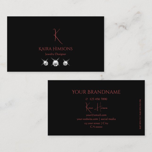 Modern Plain Black with Monogram and Diamonds Business Card (Front/Back)