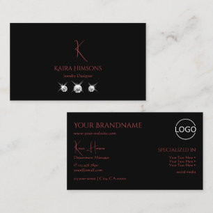 Modern Plain Black with Monogram Logo and Diamonds Business Card