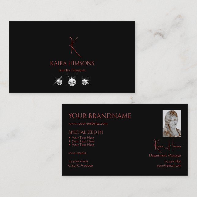 Modern Plain Black with Monogram Photo & Diamonds Business Card (Front/Back)