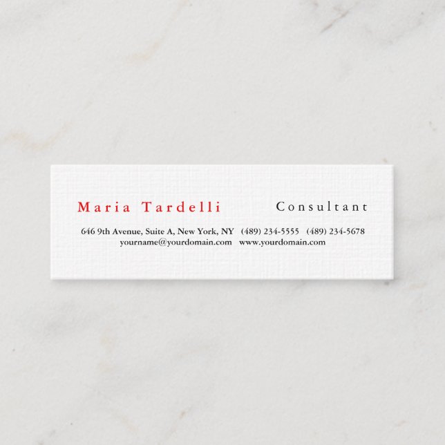 Modern Plain Elegant Minimalist Red White Mini Business Card (Front)