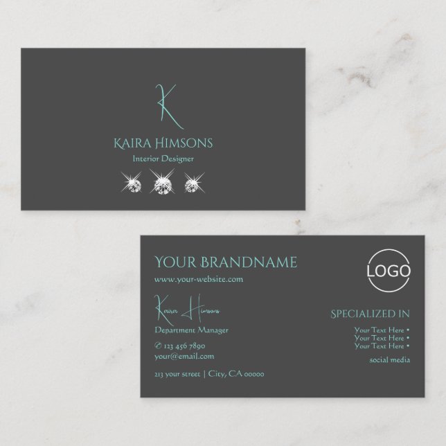 Modern Plain Grey with Monogram Logo and Jewels Business Card (Front/Back)