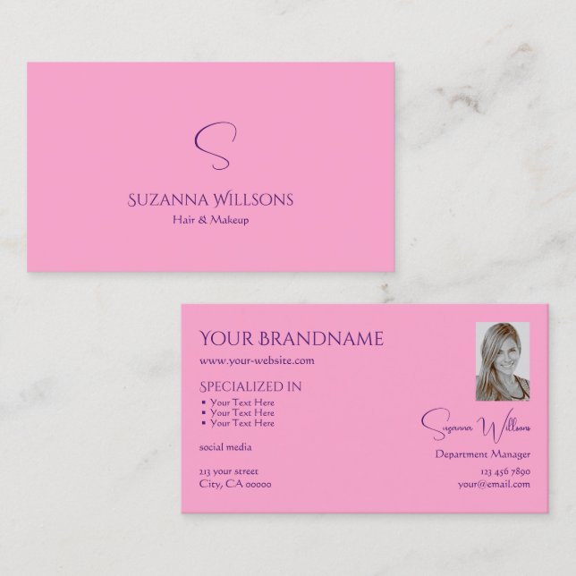 Modern Plain Light Pink with Monogram and Photo Business Card (Front/Back)