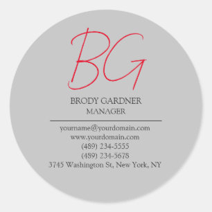 Modern plain minimalist grey red monogram initials classic round sticker