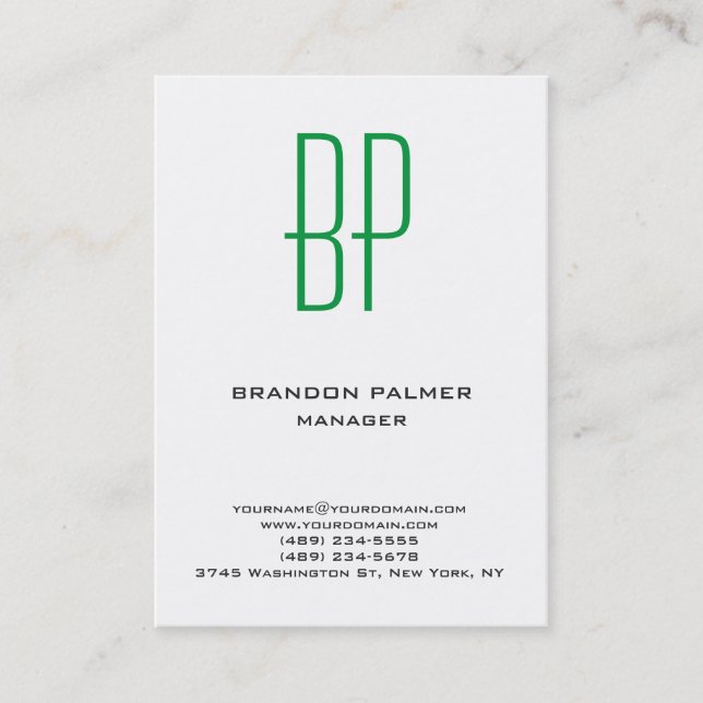 Modern plain minimalist white green monogram business card (Front)