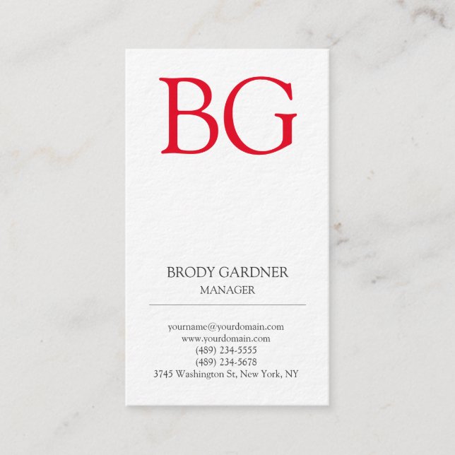 Modern plain minimalist white red monogram business card (Front)