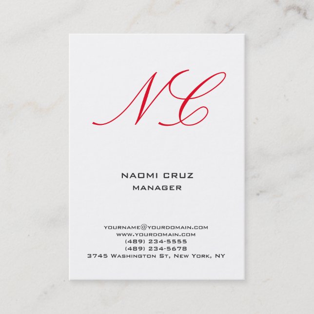 Modern plain minimalist white red monogram business card (Front)