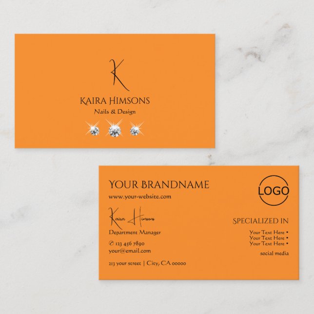 Modern Plain Orange with Monogram Logo and Jewels Business Card (Front/Back)