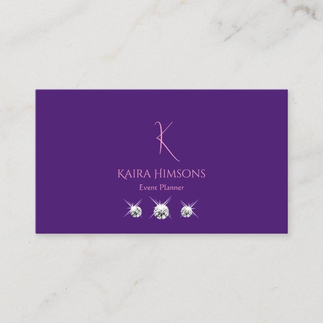 Modern Plain Royal Purple with Monogram and Jewels Business Card (Front)
