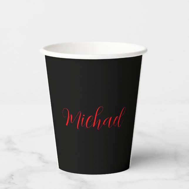 Modern plain simple minimalist add name black red paper cups (Front)