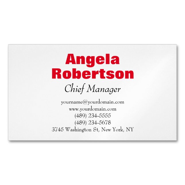 Modern plain simple minimalist red white 	Magnetic business card (Front)