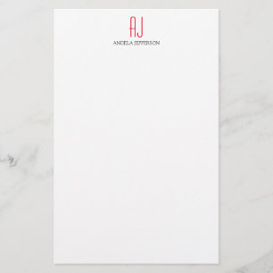 Modern plain simple white red monogram stationery