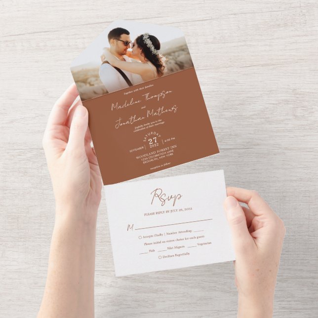 Modern Plain Terracotta Photo Rsvp Wedding All In One Invitation (Tearaway)