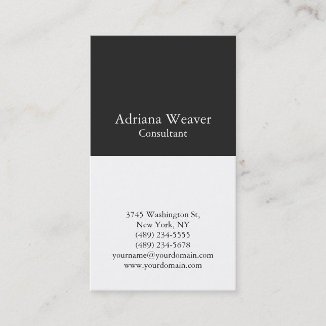 Modern Plain Vertical Dark Grey White Unique Business Card (Front)